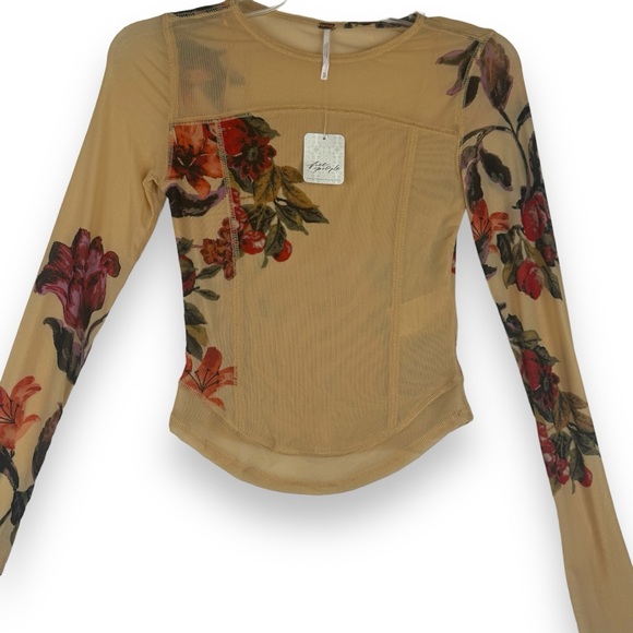 Free People Betty's Garden top tan sepia sheer size xs NEW floral ethereal - Picture 6 of 12